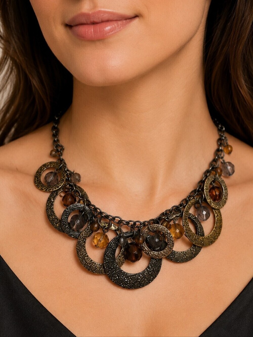 PREMIER DESIGNS Bottega Mixed Metal Beaded Gunmetal Grunge Chain Bib Necklace